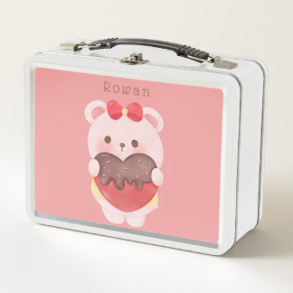 Girls Blush Pink Niedlich Teddy Bär Metall Brotdose