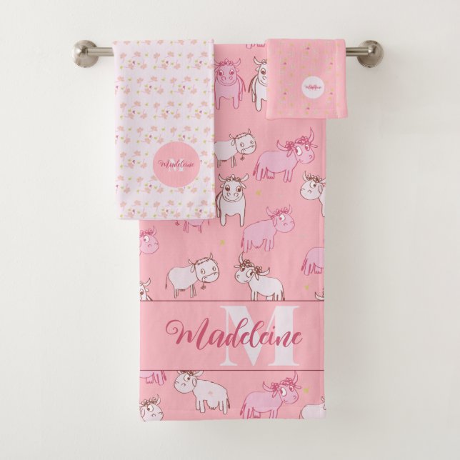 Girls Boho Bauernhof Funny Cows Pink Monogram Name Badhandtuch Set (Insitu)