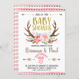 Girls Boho Floral Antlers Kinderdusche Einladung