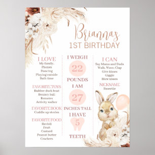 Girl's Boho Floral Bunny 1. Geburtstag Meilenstein Poster