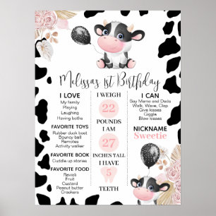 Girl's Boho Floral Cow 1st Birthday Milestone Poster
