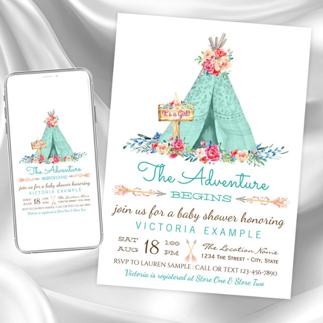 Girls Boho TeePee Baby Shower Einladungen (Cute teepee baby shower invitation. Instant download and printed invitations available.)