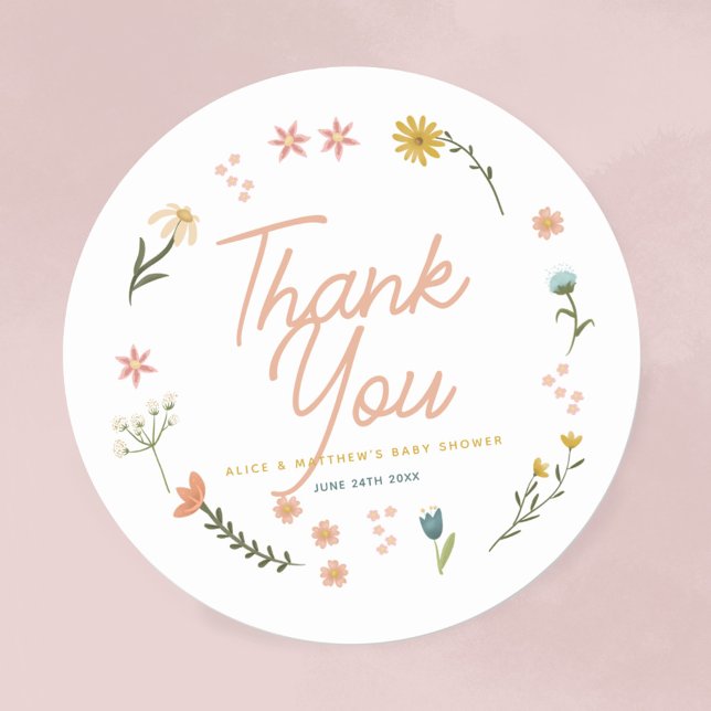 Girls Boho Wildblume Pink Baby Dusche Gefallen Runder Aufkleber (Von Creator hochgeladen)