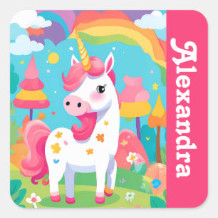 Girl's Bright Pink Niedlich Unicorn Quadratischer Aufkleber