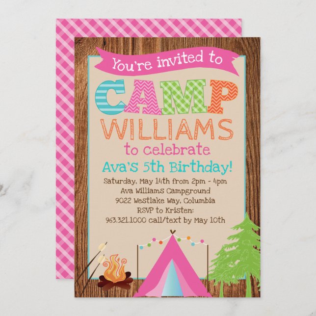 Girls Camping Geburtstagsparty Einladung (Vorne/Hinten)