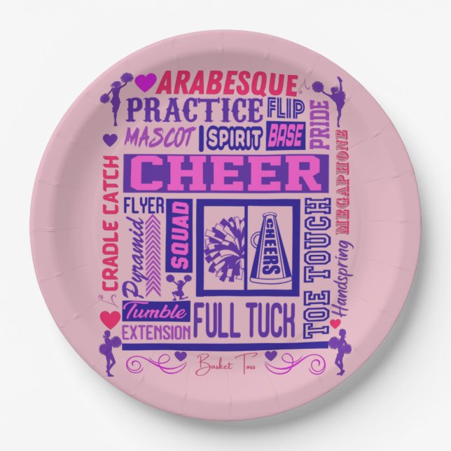 Girls Cheerleading Pink und Lila Word Art Pappteller (Vorderseite)
