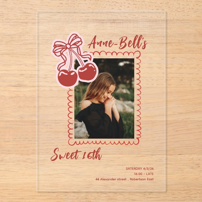 Girls Cherry Sweet 16th Birthday Invitation Acryleinladungen (Vorderseite)
