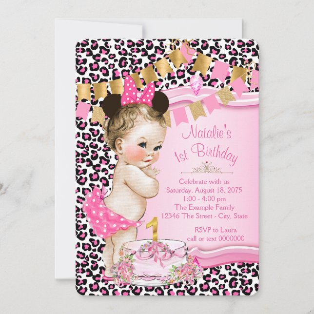 Girls Chic Pink Leopard 1. Geburtstag Einladung (Vorderseite)