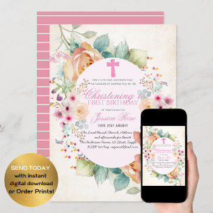 Girls CHRISTENING und 1. BIRTHDAY Girl Floral Einladung
