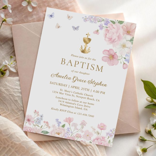Girl's Christian Baptism Pastel Floral Butterfly Einladung (Von Creator hochgeladen)