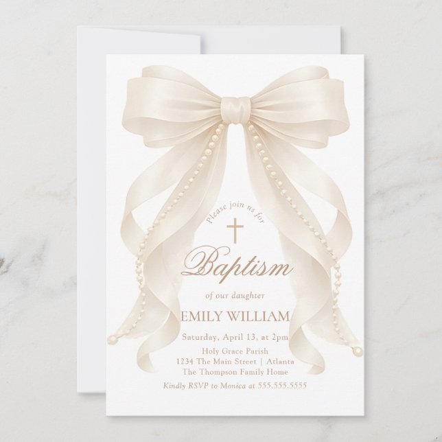 Girl's Christian Baptism Pearl Bow Invitation Einladung (Vorderseite)