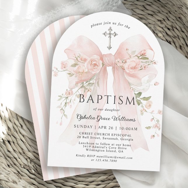 Girl's Christian Baptism Pink Floral Bow Einladung (Available in both printed and instant download digital formats.)