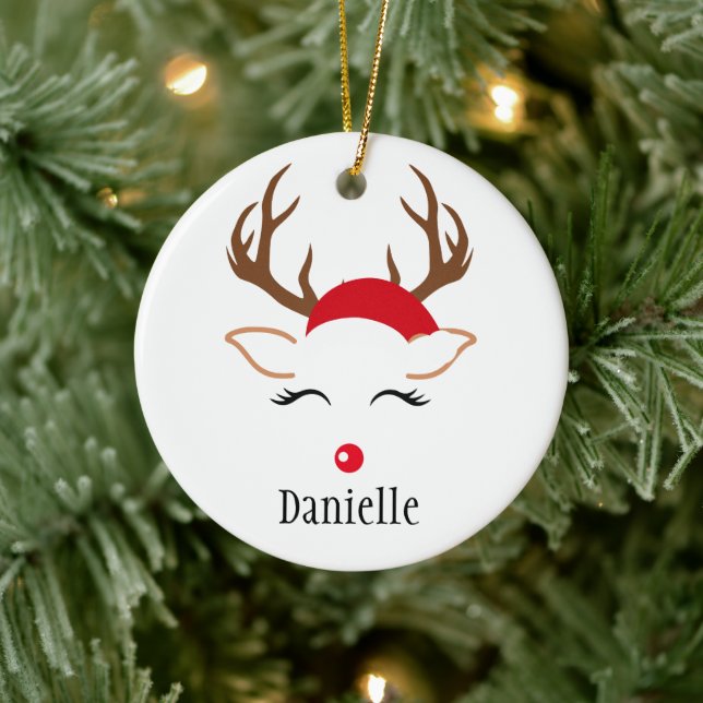 Girls Christmas Reindeer-Weihnachtsmannmütze Keramik Ornament (Baum)