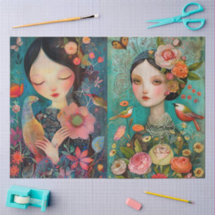 Girls Colorful Floral Decoupage Collage Seidenpapier