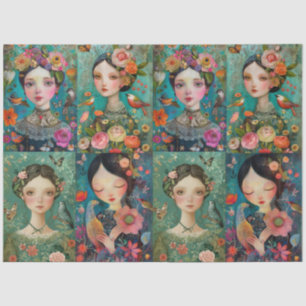 Girls Colorful Floral Decoupage Collage Seidenpapier