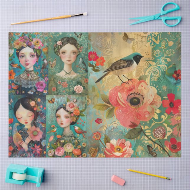 Girls Colorful Floral Decoupage Collage Seidenpapier (Basteln)