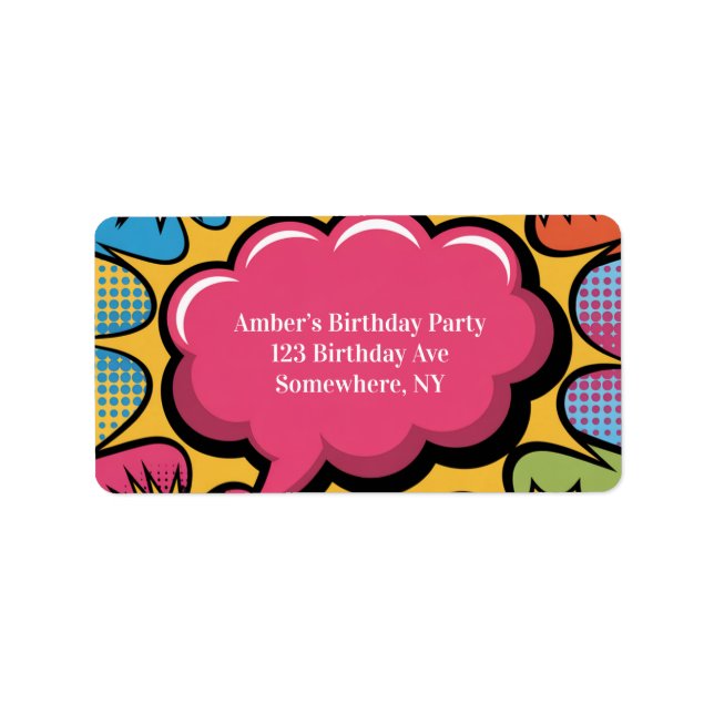 Girls’ Colorful Pop Art Birthday Party Address Adressaufkleber (Vorne)