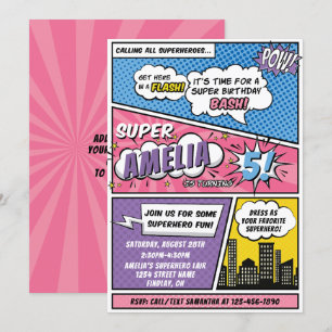 Girls Comic Book Style Superheld Geburtstagsparty Einladung