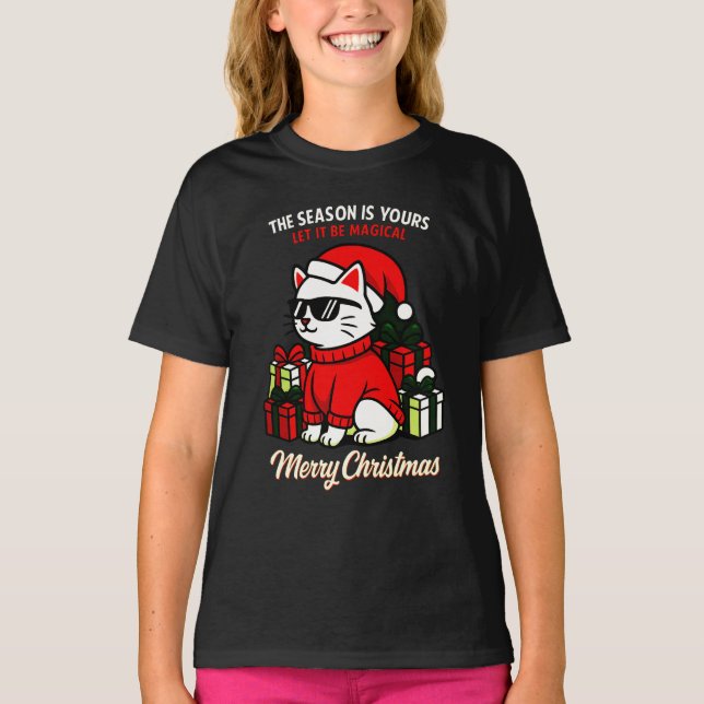 Girls' Cool Cat Funny Festive Christmas T-Shirt (Vorderseite)