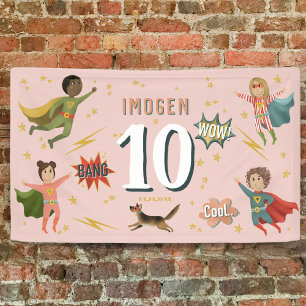 Girls Cool Pink Action Superhero Kindergeburtstag Banner