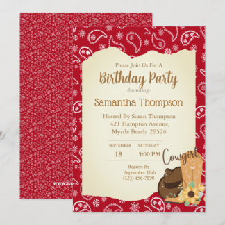 Girls Cowboy Birthday Red Bandana Sonnenblume Einladung