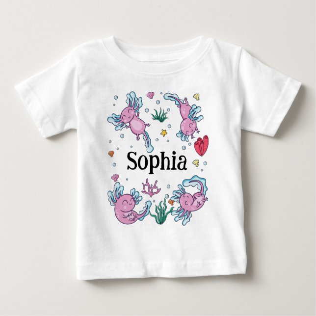 Girls Cute and Modern Pink Axolotl and Name Kids Baby T-shirt (Vorderseite)