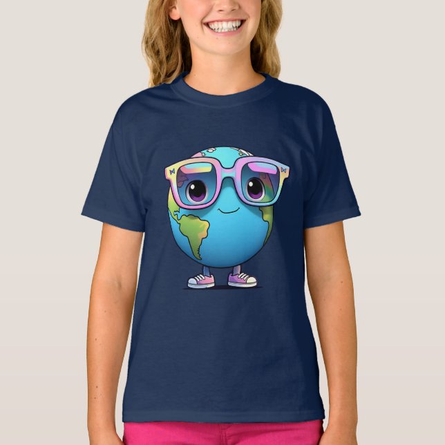 Girls' Cute Earth Cartoon Tee with Glasses (Vorderseite)
