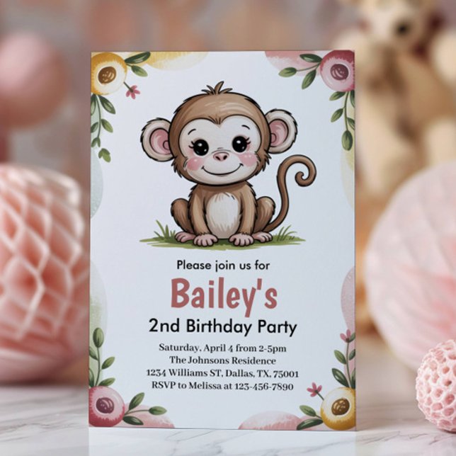 Girls Cute Monkey Jungle Birthday Party Einladung (Von Creator hochgeladen)