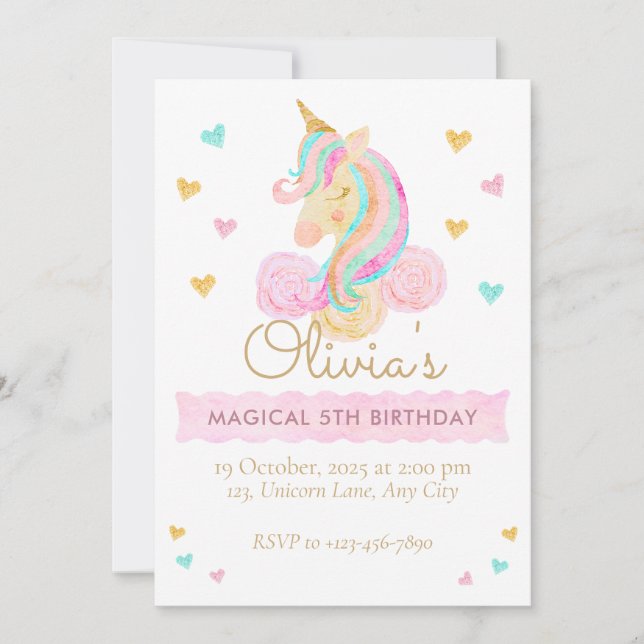 Girls Cute Pastel Unicorn Magical Birthday Einladung (Vorderseite)