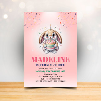 Girls Cute Pink Bunny Cake Birthday Invitation Einladung