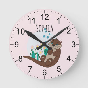 Girls Cute Pink Otter Flowers and Name Kids Runde Wanduhr