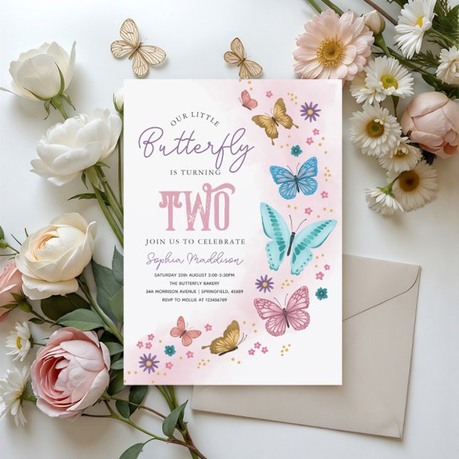 Girls Cute Pink Purple Butterfly Kids 2nd Birthday Einladung (Von Creator hochgeladen)