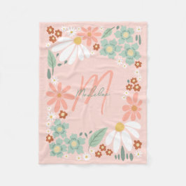 Girls Cute Pink Retro Wildflower Monogrammed Fleecedecke