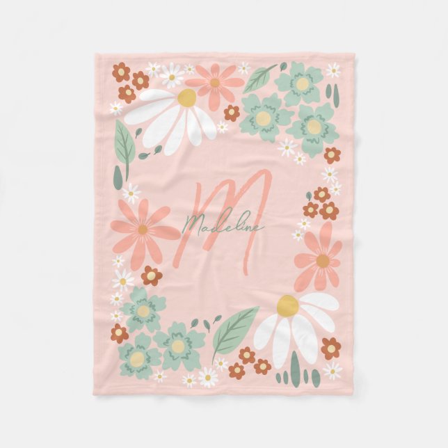 Girls Cute Pink Retro Wildflower Monogrammed Fleecedecke (Vorderseite)