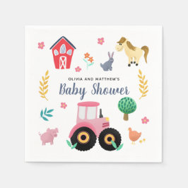 Girls Cute Pink Rustic Farm Tractor Baby Shower Serviette