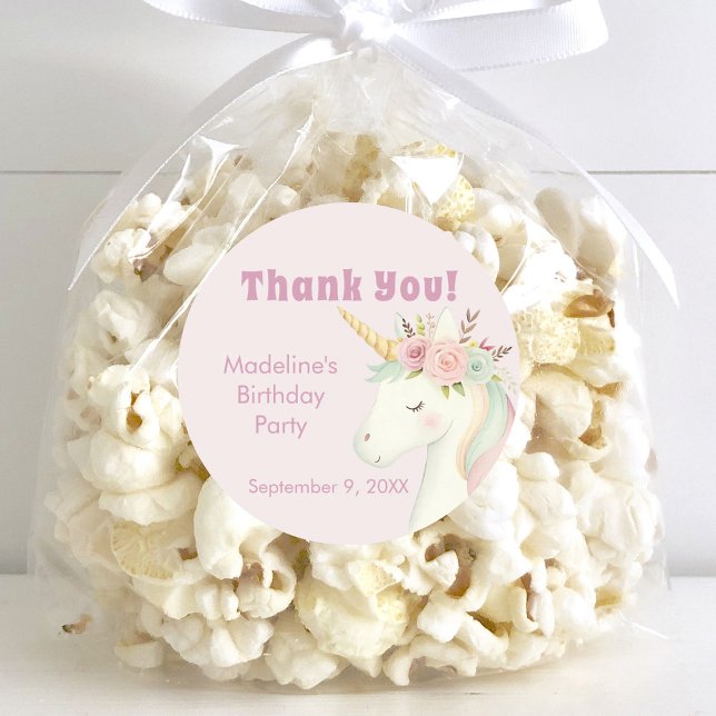 Girls Cute Pink Unicorn Birthday Thank You Runder Aufkleber (Von Creator hochgeladen)
