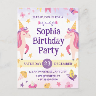 Girls Cute Purple Unicorn Kids 1th Birthday Postkarte