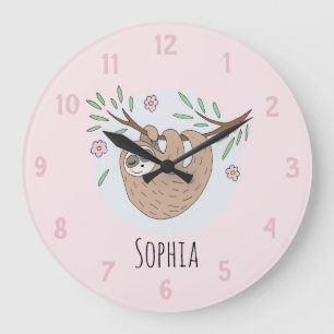 Girls Cute Sleeping Sloth Animal and Name Kids Große Wanduhr