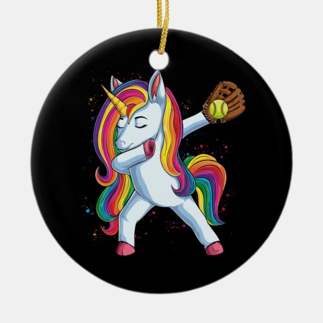 Girls Dabbing Softball Unicorn Bekleidung Sport Keramik Ornament (Vorne)