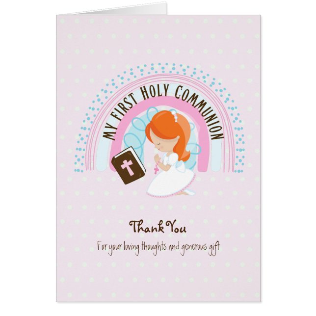 Girl's Danke Heilige Kommunion Card - Rotes Haar (Vorne)