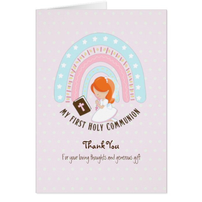 Girl's Danke Heilige Kommunion Card - Rotes Haar (Vorne)