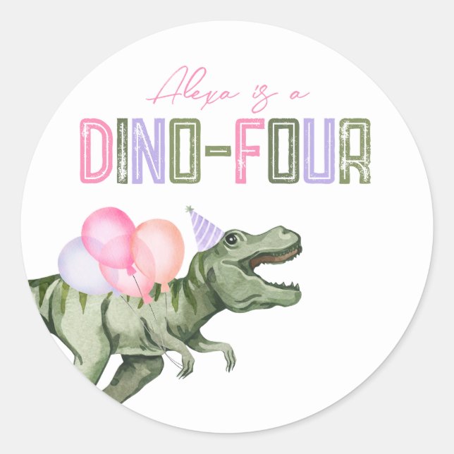 Girl's Dino-Vier Party Sticker (Vorderseite)