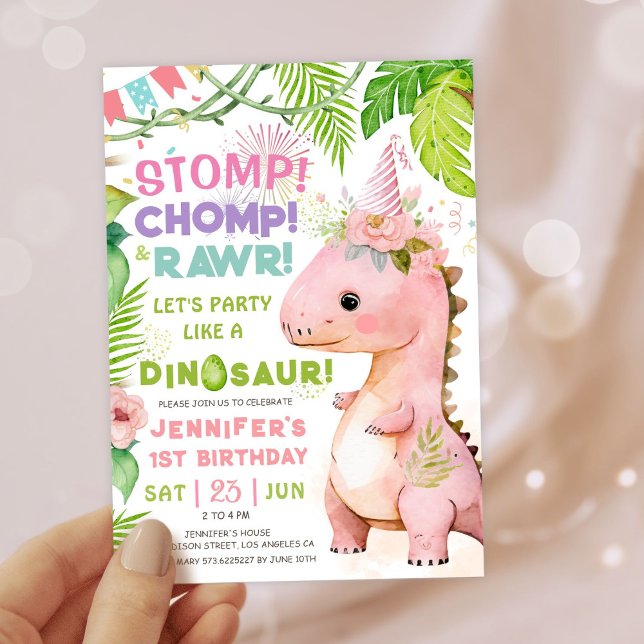 Girls Dinosaur 1. Geburtstag Party Niedlich Rosa D Einladung (#DinosaurBirthdayInvitation #DinosaurBirthdayInvite #GirlDinosaurBirthdayInvitation)