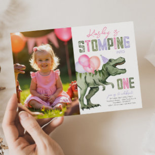 Girl's Dinosaur Einladung zum ersten Geburtstag