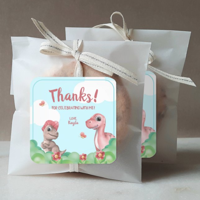 Girl's Dinosaur Geburtstag Dank Quadratischer Aufkleber (Personalized Girl's Dinosaur Birthday Party Stickers)