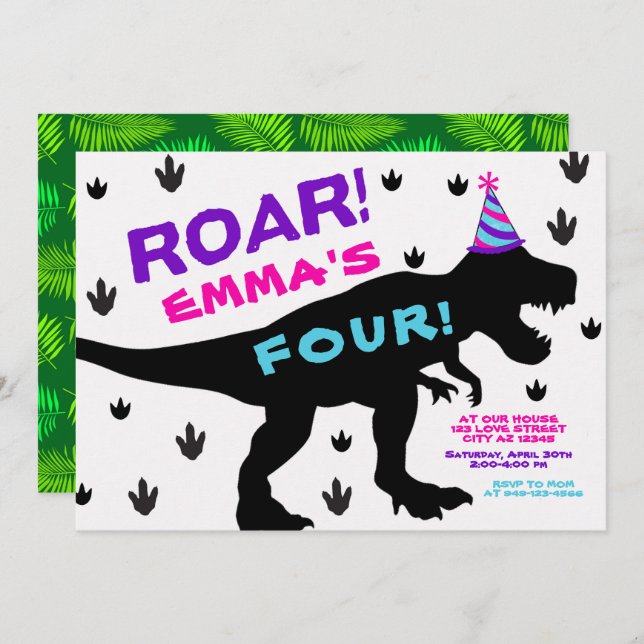 Girl's Dinosaur Party Hat Geburtstag Einladung (Vorne/Hinten)