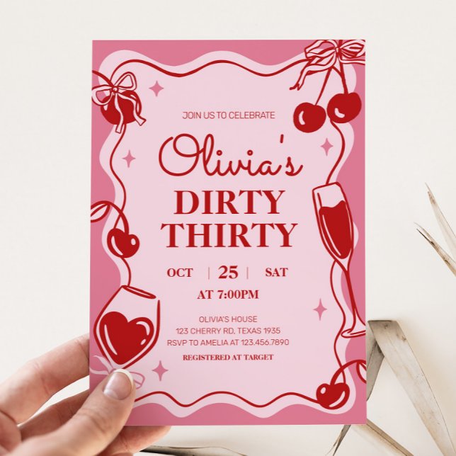 Girls Dirty 30 Geburtstag Einladung (Hand Drawn Cherry Dirty Thirty Birthday Party Invitation)