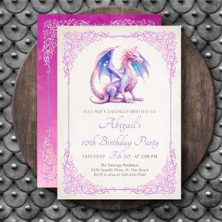 Girls Dragon Pink Purple Birthday Invitation Einladung