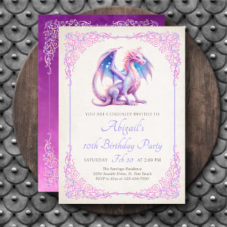 Girls Dragon Pink Purple Birthday Invitation Einladung