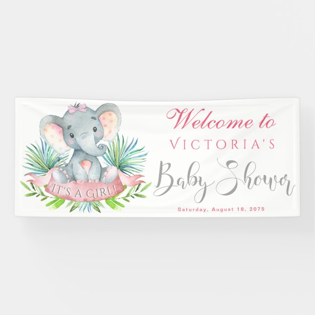 Girls Elephant Baby Shower Banners Banner (Horizontal)